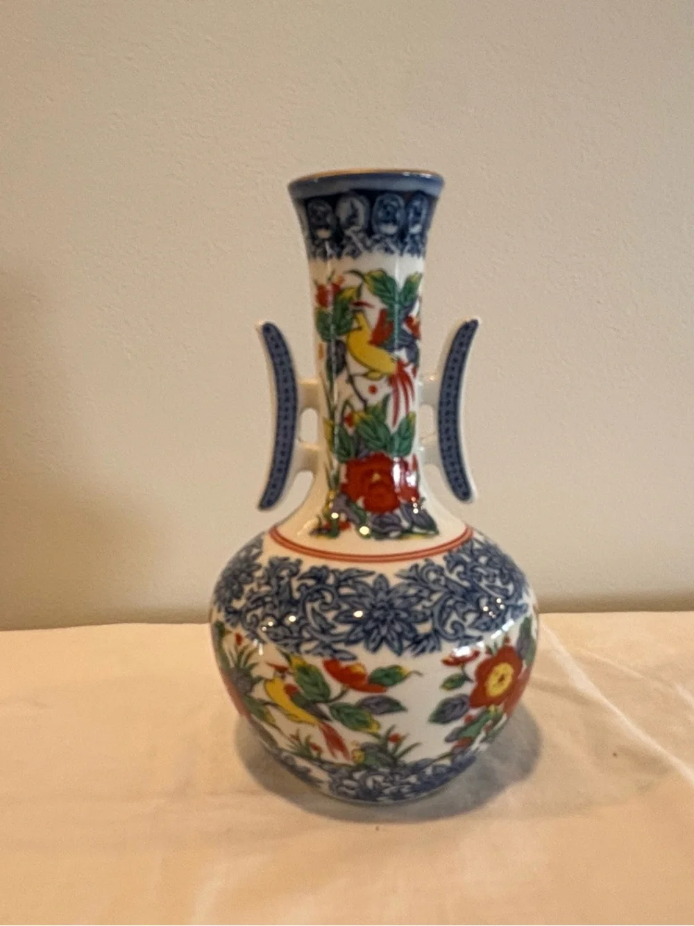 Vintage Otagiri OMC Vase Side Handles Yellow Bird Blue Design 9”